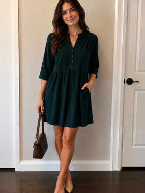 Dark Green Button-Front Women's Dress